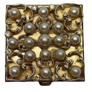 Vintage Gold Tone Pearl & Crystal Pill Box